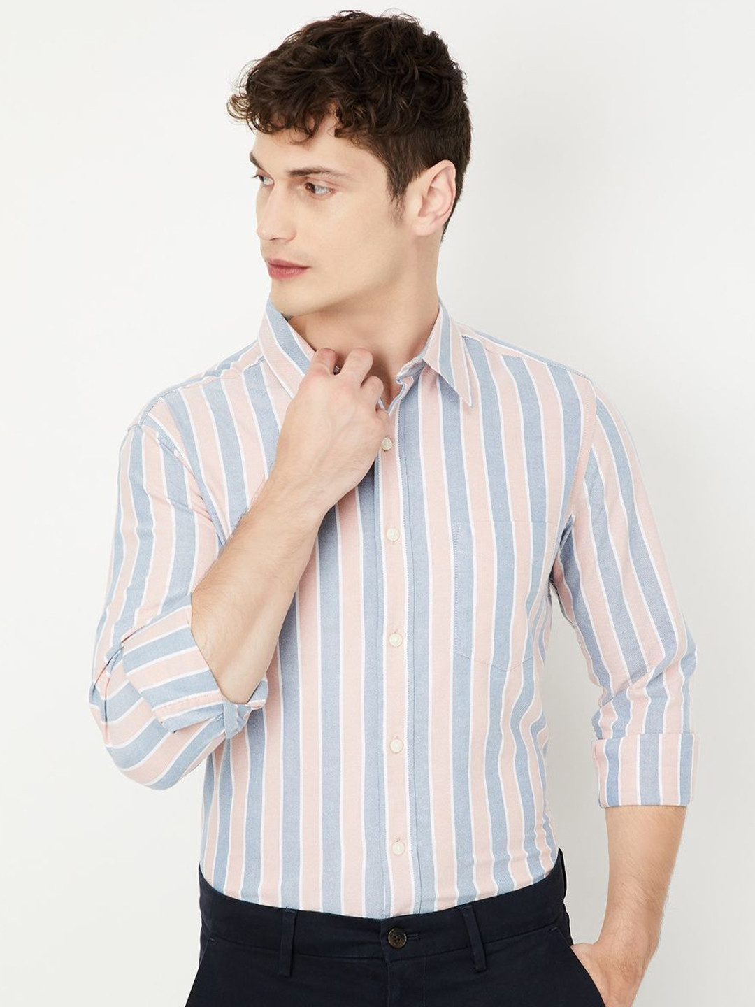 

max Men Spread Collar Vertical Striped Cotton Casual Shirt, Pink