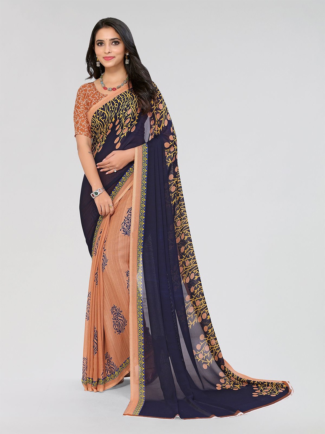 

Moda Rapido Geometric Printed Saree With Unstiched Blouse Piece, Blue