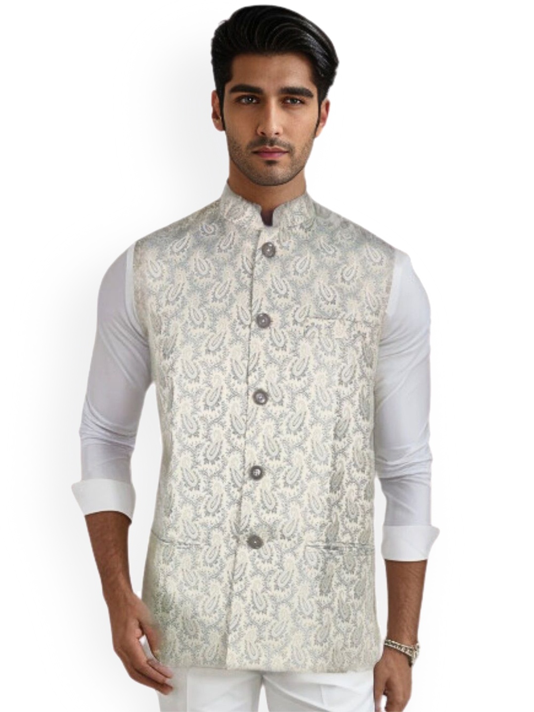 

Blacksmith Woven Design Nehru Jacket, Green
