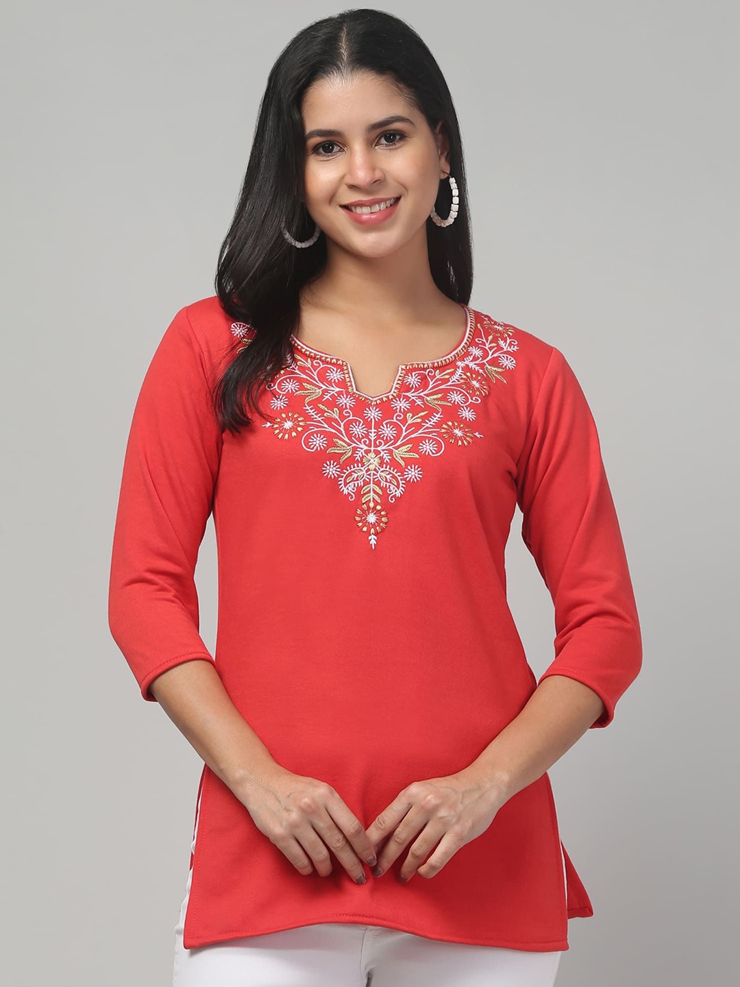 

FAMBEE Women Embroidered Thread Work Woollen Kurta, Rust