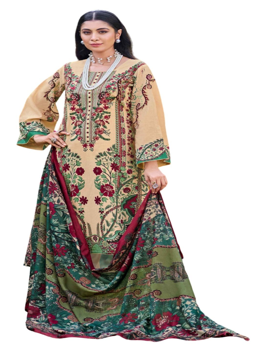 

DRAVINAM Trends Embroidered Pure Cotton Unstitched Dress Material, Beige
