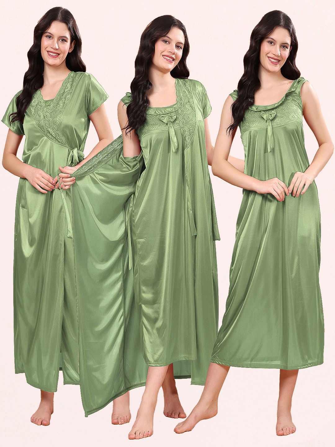 

CHUI MUI Women Satin Maxi Nightdress with Robe, Green