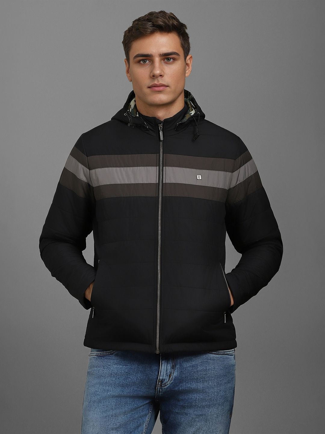 

Louis Philippe Jeans Men Striped Sporty Jacket, Black