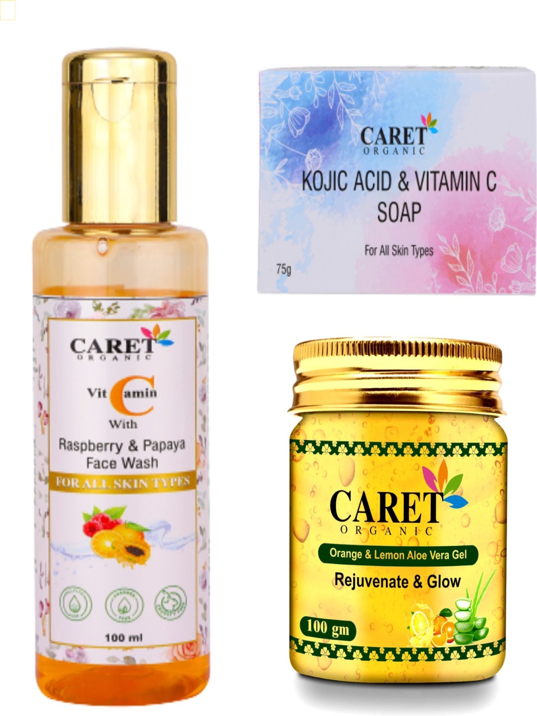 

CARET ORGANIC Set Of 3 Vitamin C Face Wash, Kojic Acid Soap & Orange & Aloevera Gel, Multi