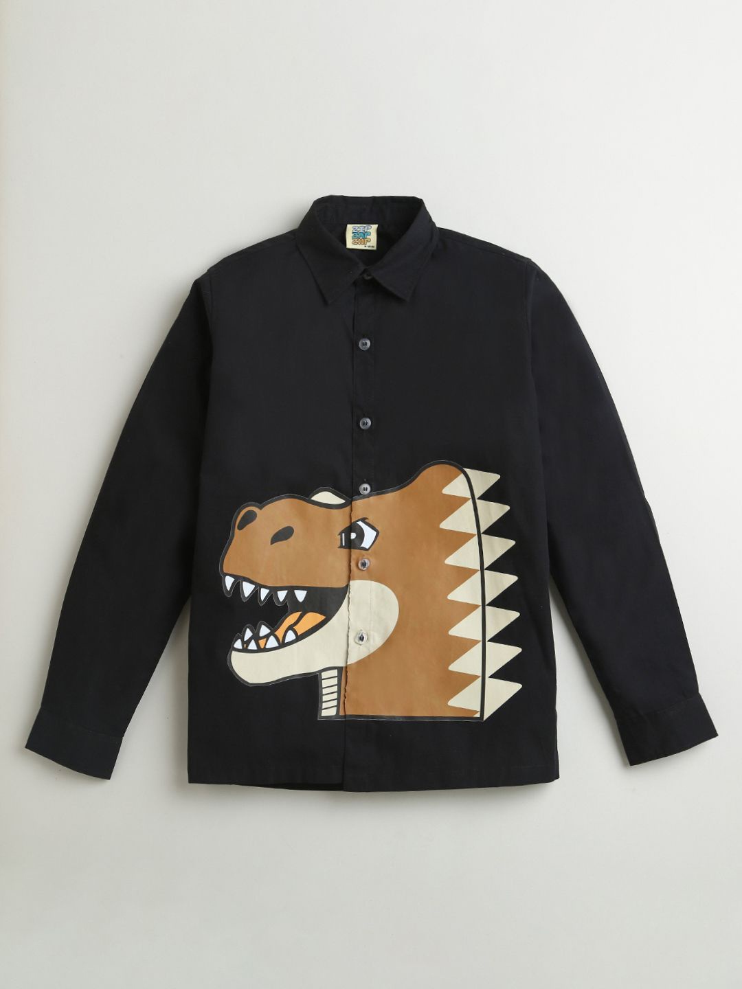 

ZIP ZAP ZOOP Boys Spread Collar Graphic Printed Cotton Casual Shirt, Black