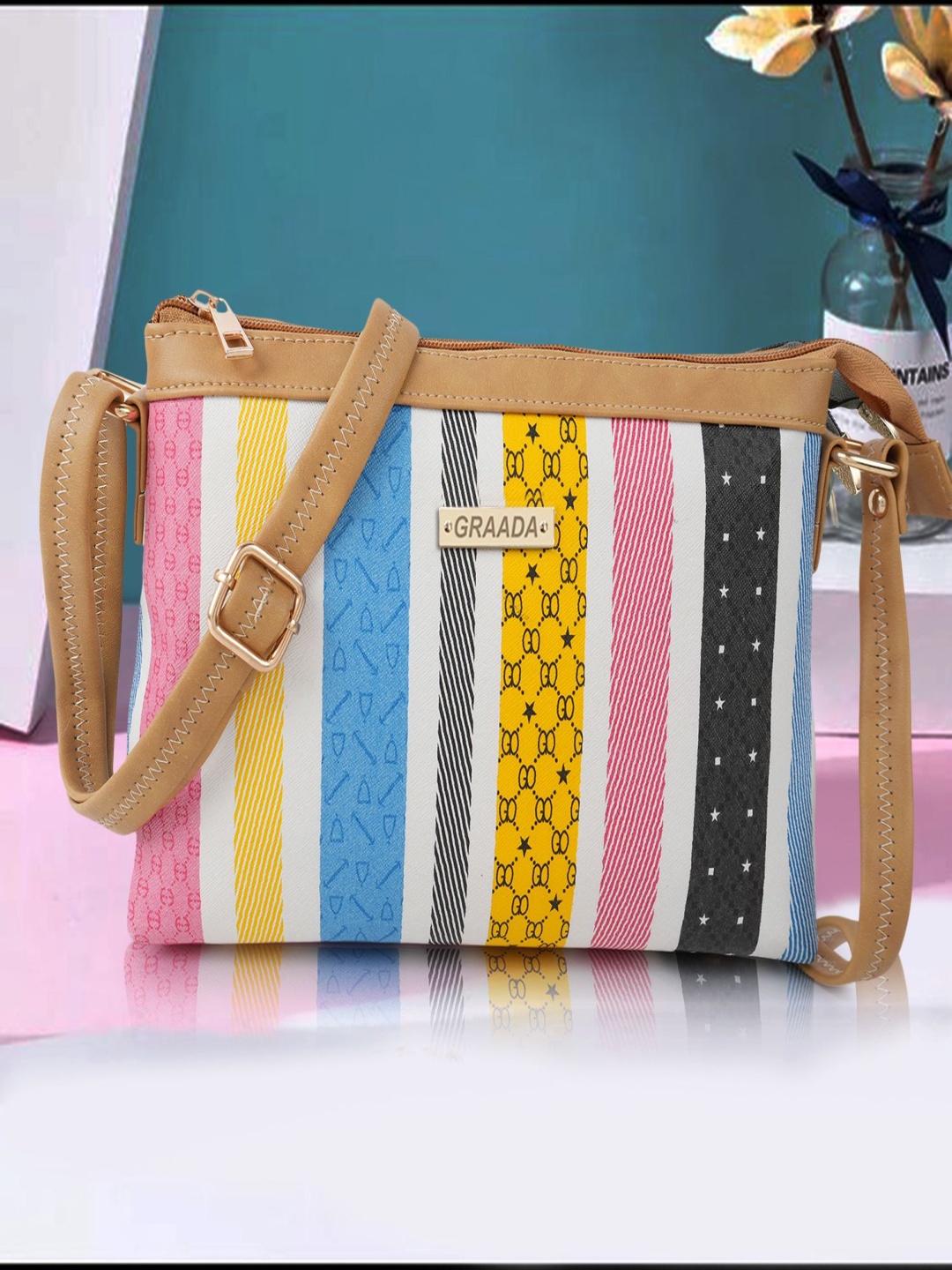

GRAADA Women Striped Crossbody Leather Sling Bag, Tan