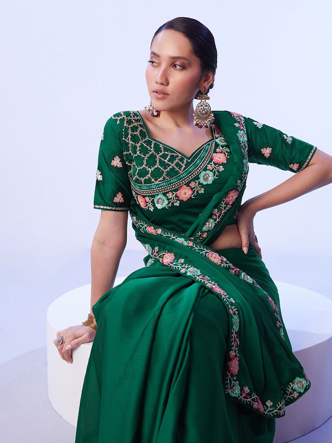 

Mitera Embellished Embroidered Pure Chiffon Saree, Green