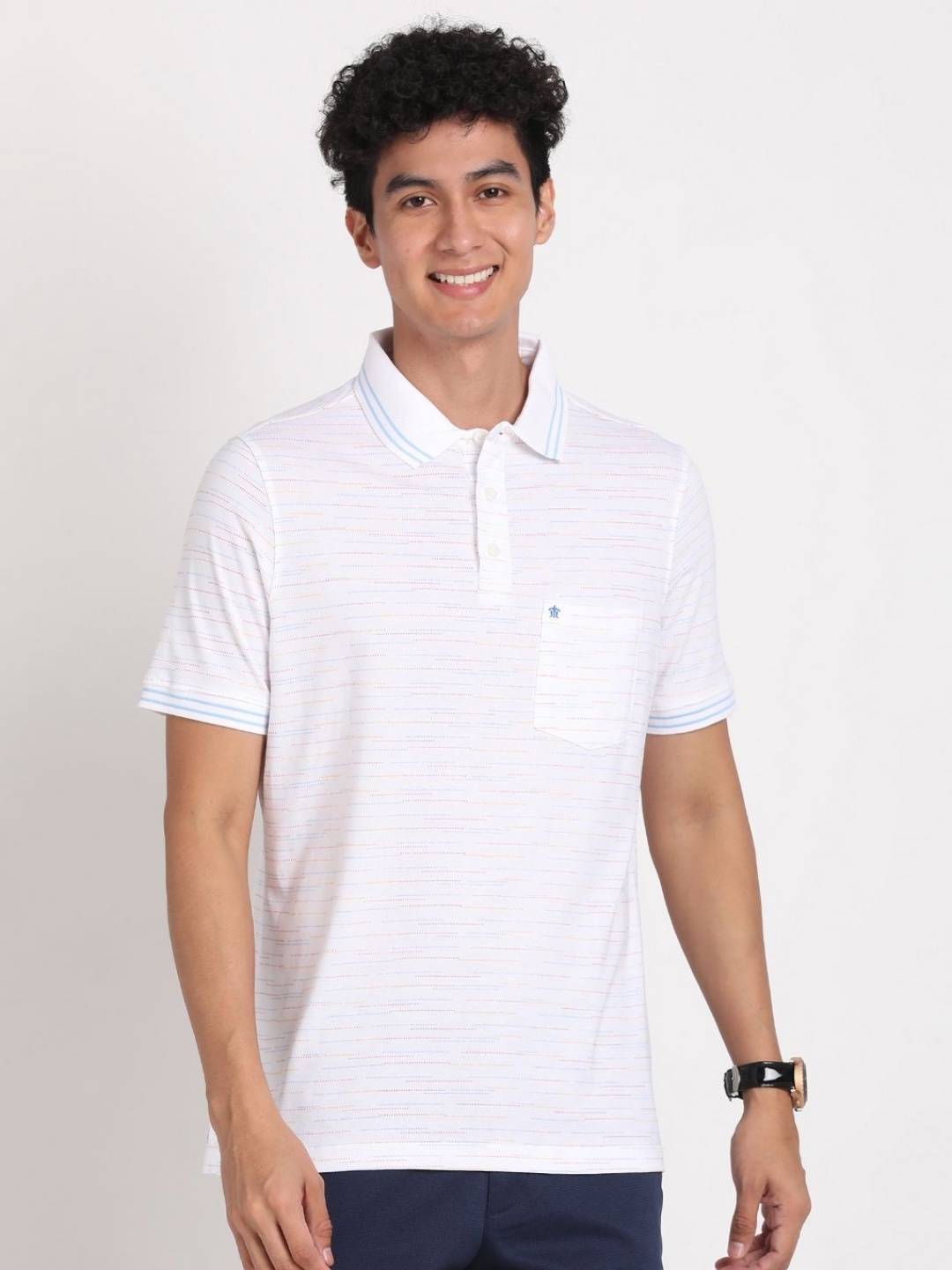 

Turtle Men Striped Polo Collar Pure Cotton Slim Fit T-shirt, White