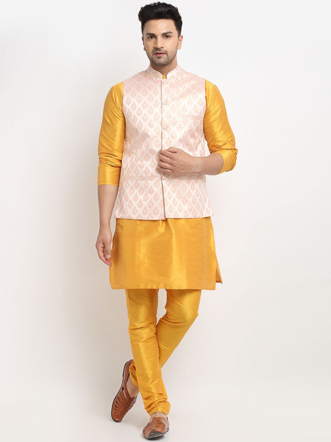 

Kaifoo Mandarin Collar Long Sleeves Straight Kurta with Churidar & Nehru Jacket, Beige