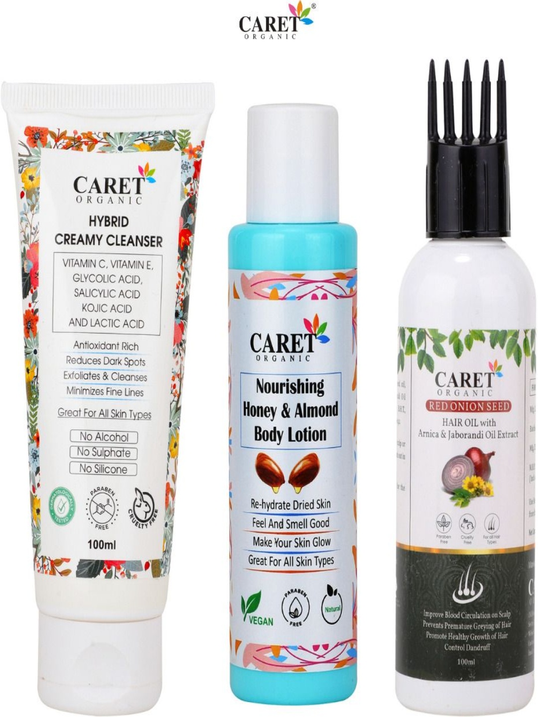 

CARET ORGANIC Set Of 3 Creamy Cleanser, Honey & Almond Body Lotion & Hair Oil, Multi