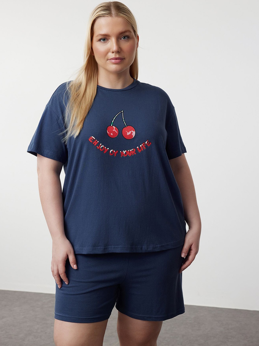 

Trendyol Women Printed T-Shirt With Shorts Night Suit, Blue
