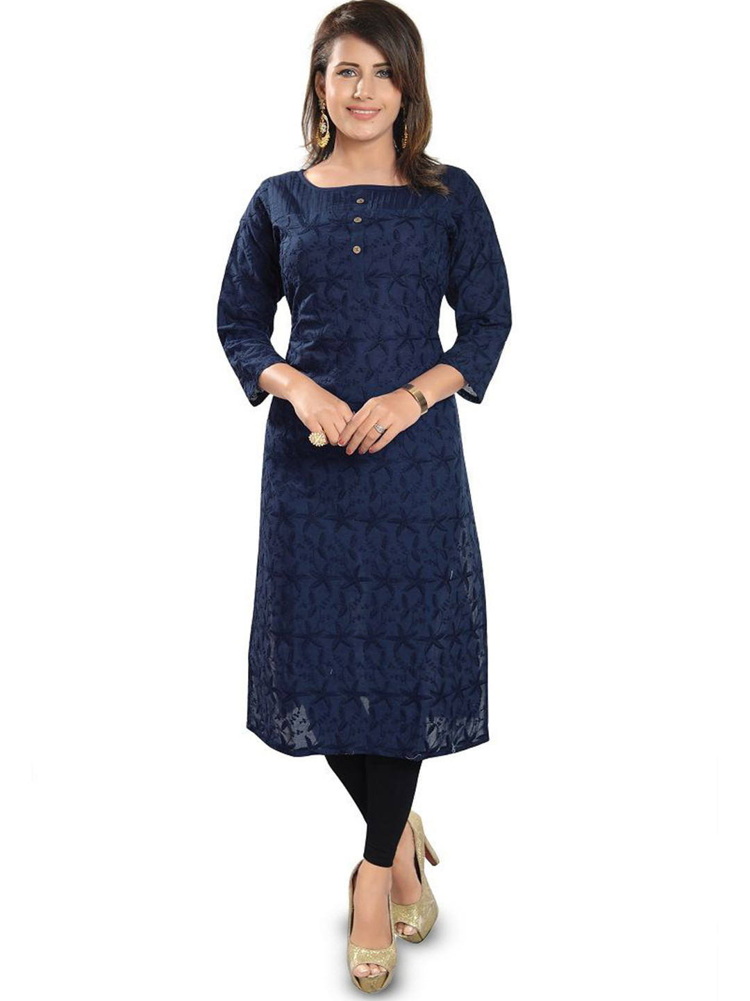 

DREAM & DZIRE Floral Embroidered Thread Work Boat Neck Pure Cotton Straight Kurta, Navy blue