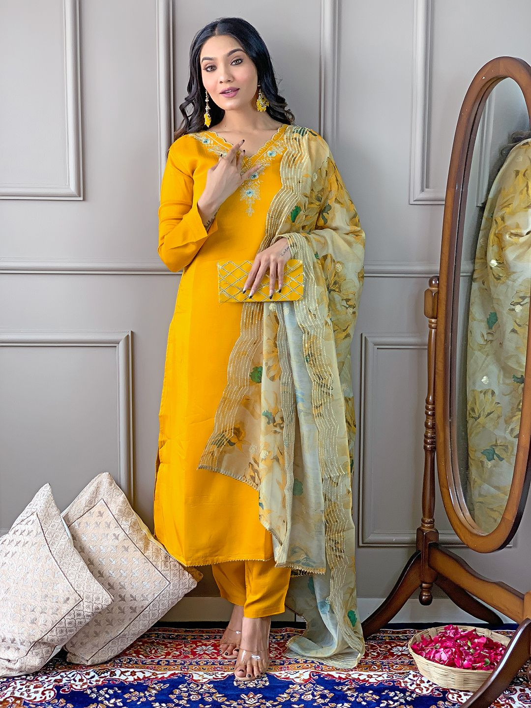 

KALINI Floral Embroidered V-Neck Straight Kurta With Trouser And Dupatta, Yellow