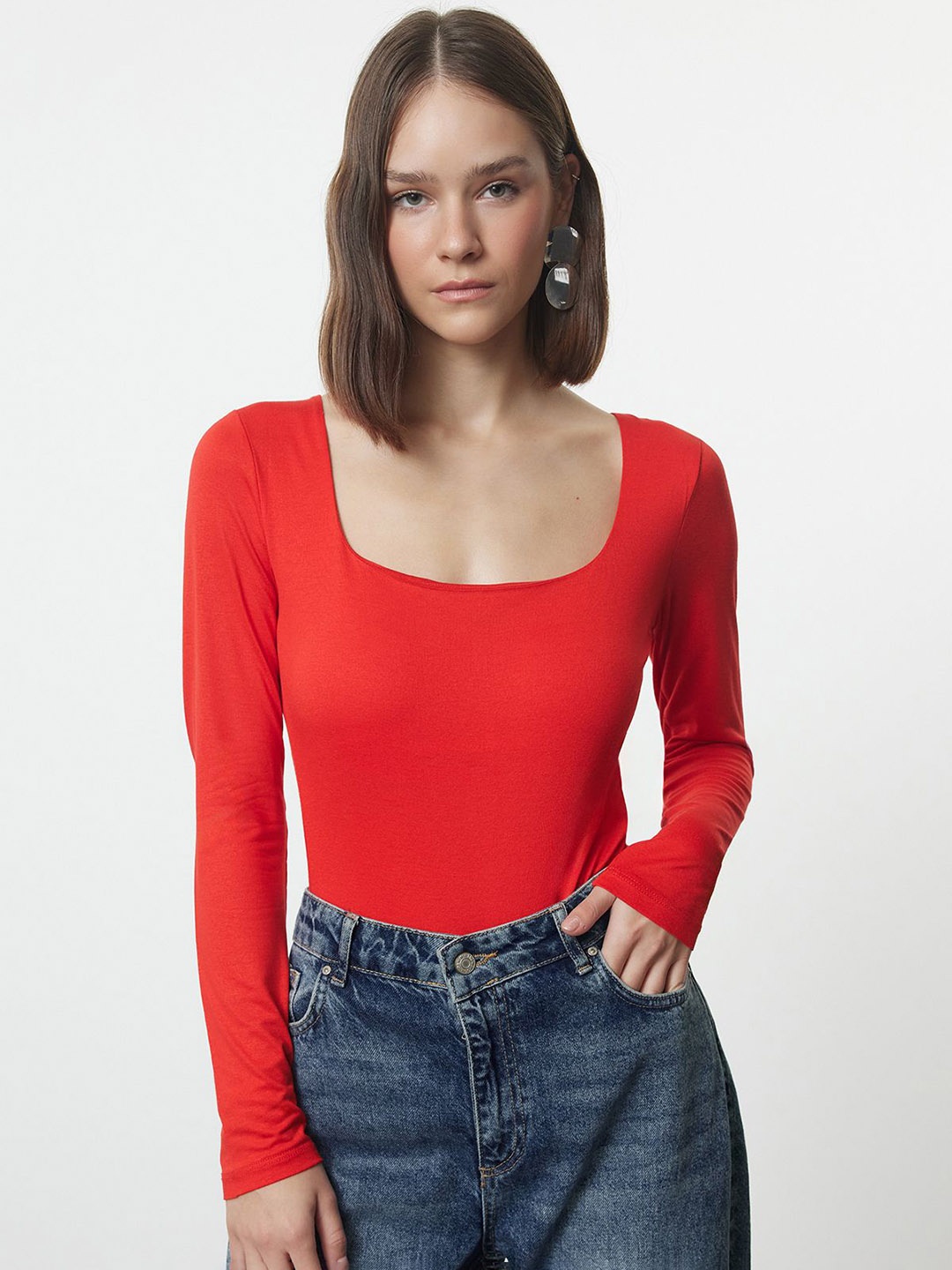 

Trendyol Square Neck Long Sleeves Bodysuit, Red