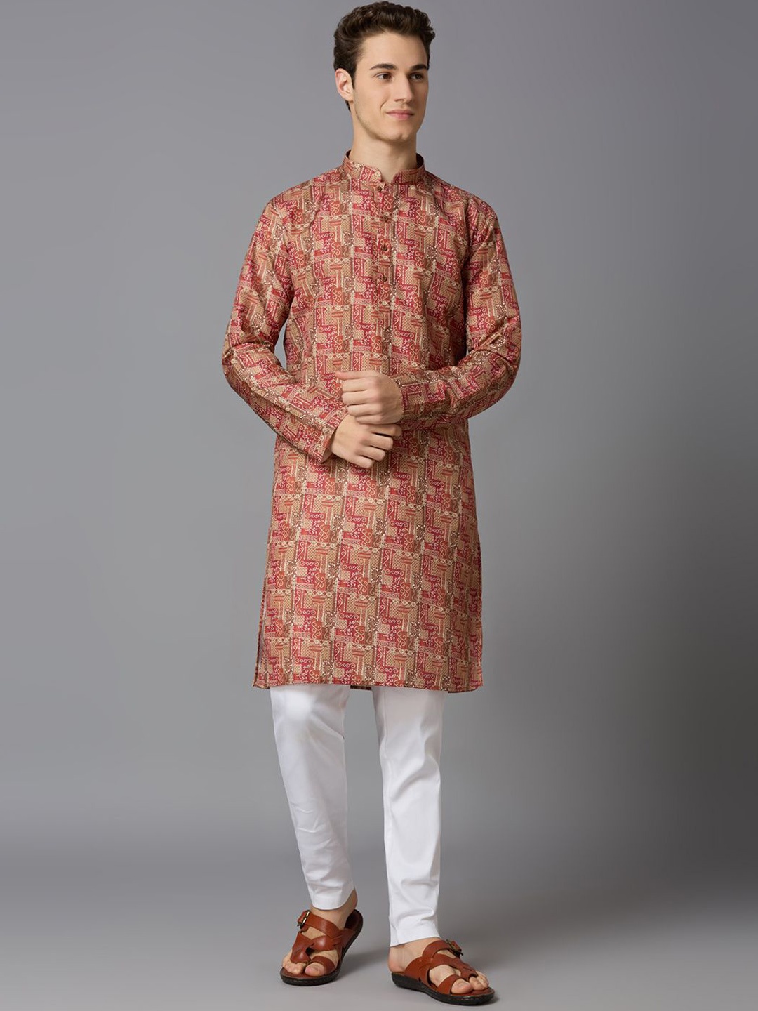 

BELLAZO Ethnic Motifs Printed Mandarin Collar Straight Kurta, Red