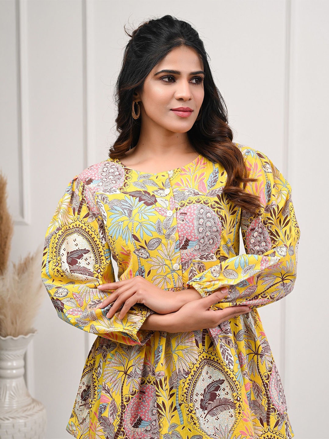 

Rimeline Ethnic Motifs Printed Pure Cotton Pleated Anarkali Kurti, Yellow