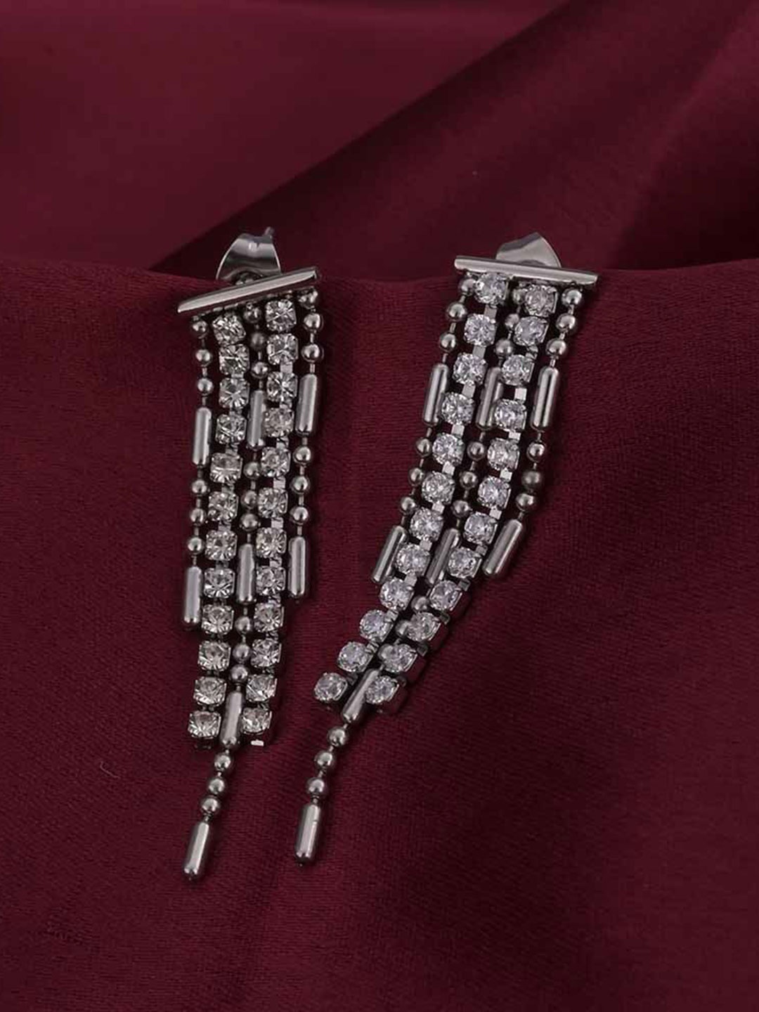 

PALMONAS 18KT Gold Plated Stainless Steel Zircon Studded Contemporary Drop Earrings