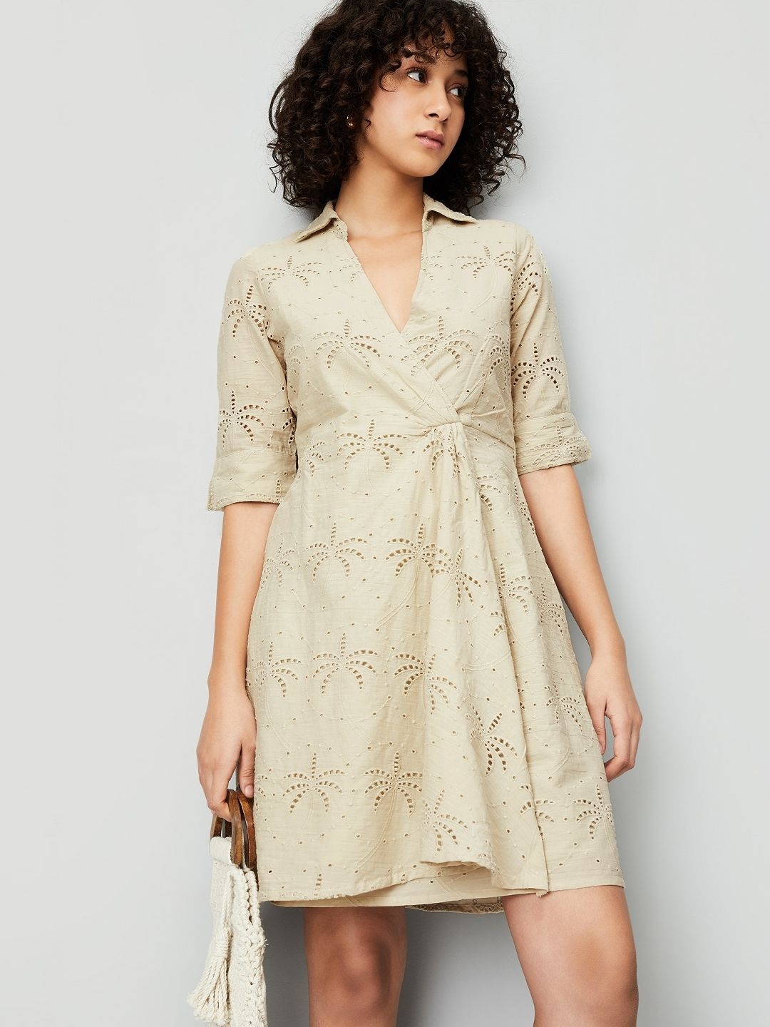 

max Shirt Collar Cotton Schiffli Wrap Dress, Beige