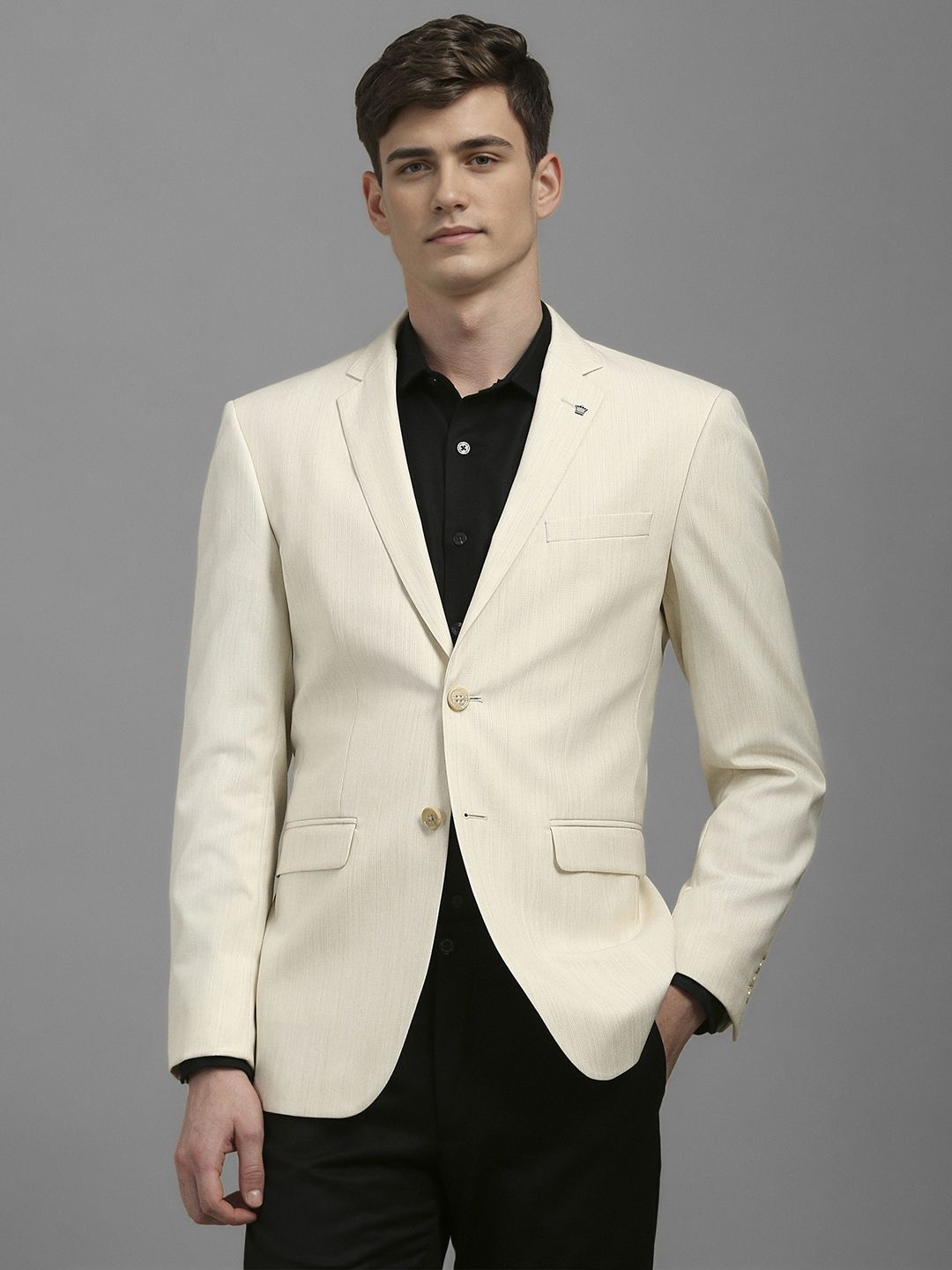 

Louis Philippe Self Design Notched Lapel Single-Breasted Formal Blazer, Cream