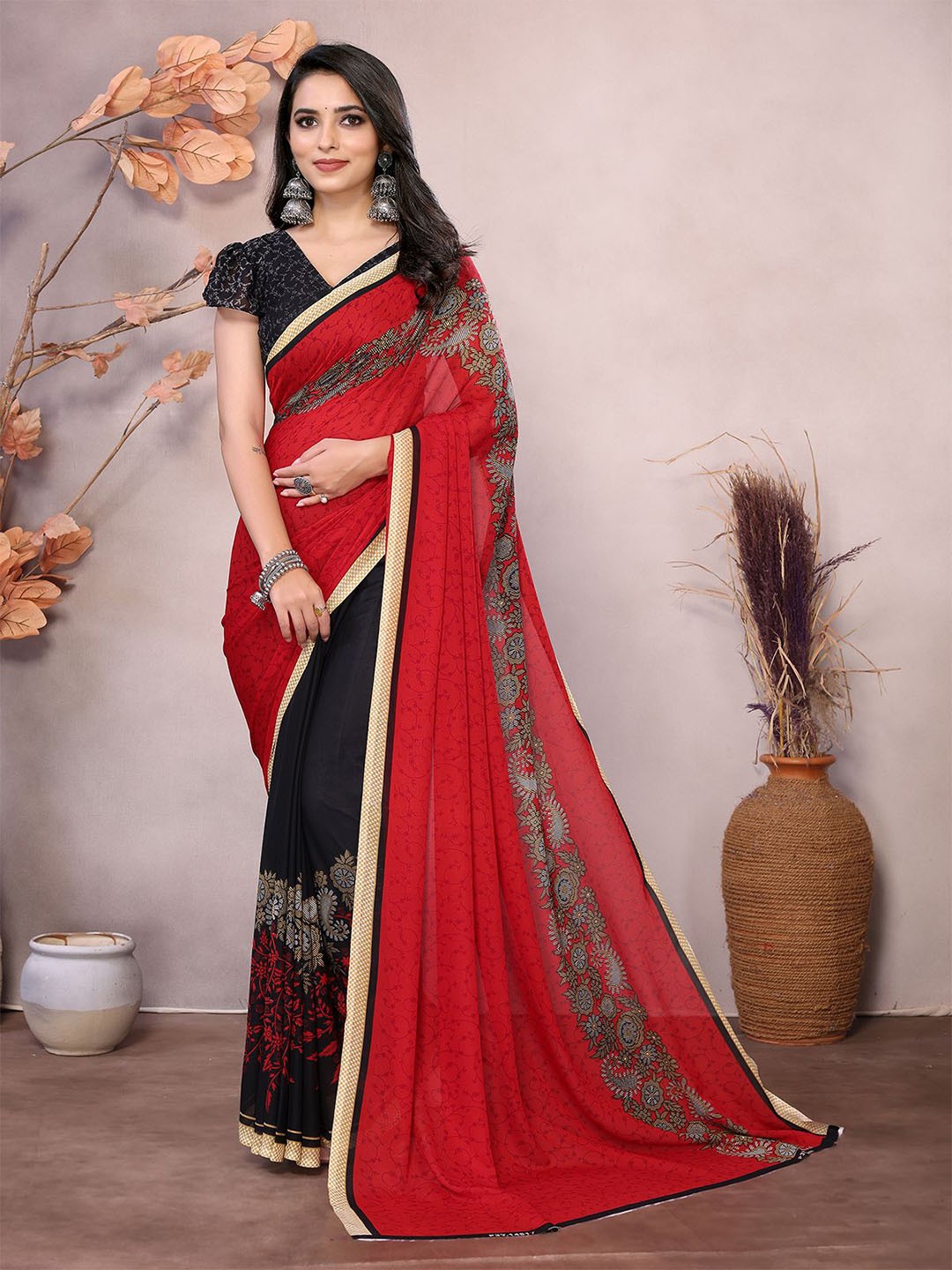 

Moda Rapido Floral Printed Half and Half Saree, Red