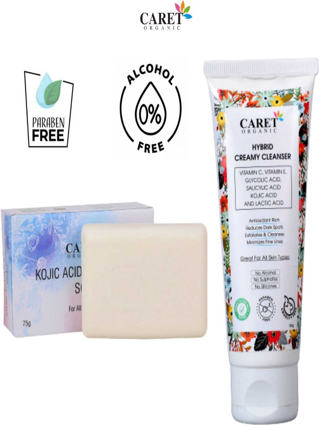 

CARET ORGANIC Set Of 2 Kojic Acid Vitamin C Soap - 75 g & Hybrid Creamy Cleanser - 100 ml, White