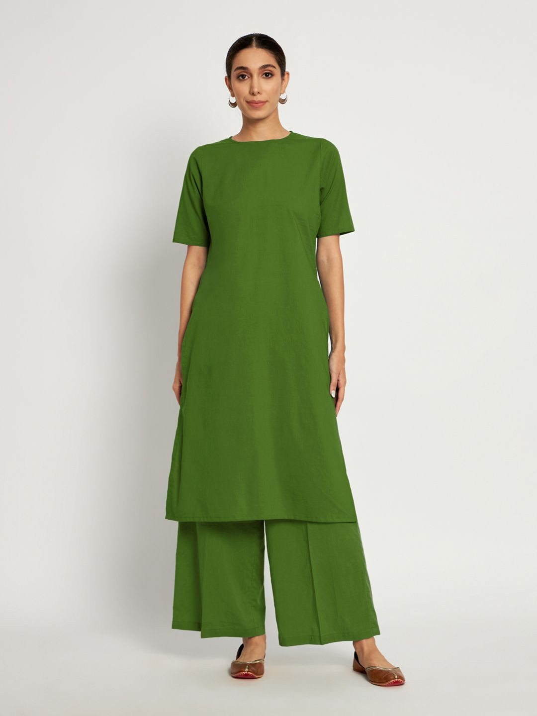 

Thevasa Round Neck Pure Cotton Tunic With Trouser, Green