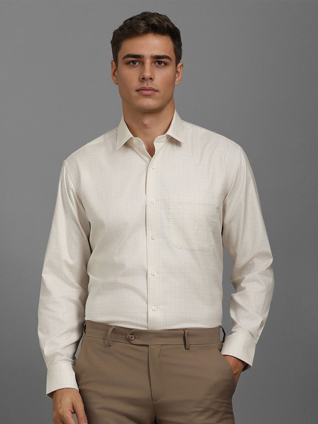 

Luxure by Louis Philippe Men Classic Fit Spread Collar Checked Cotton Formal Shirt, Cream