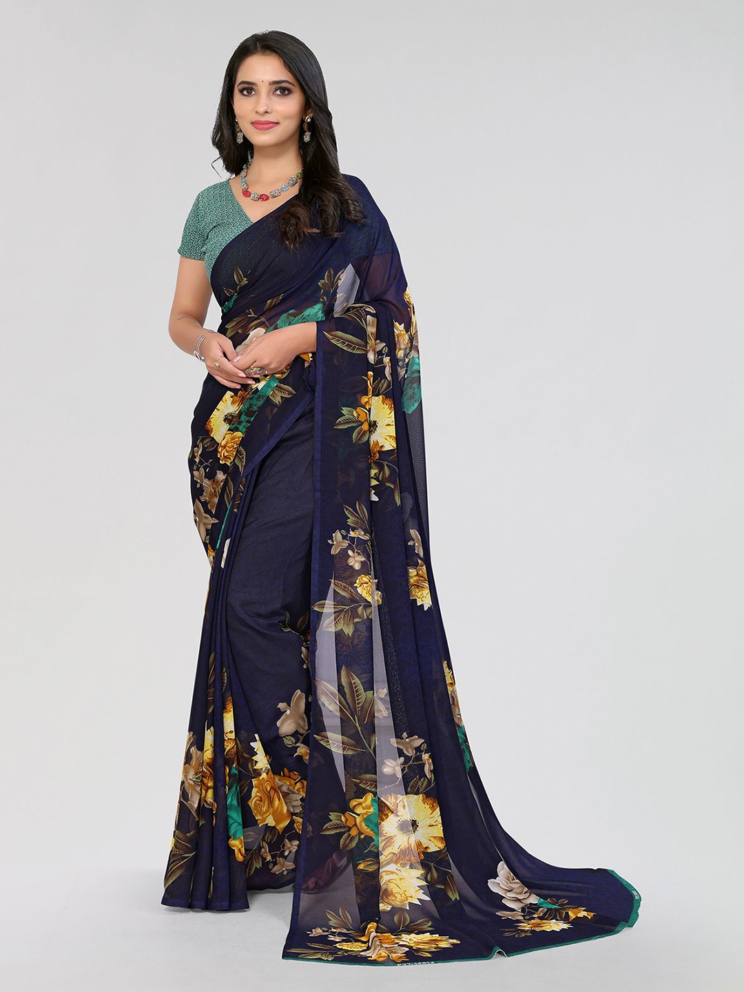 

Moda Rapido Floral Printed Saree, Navy blue