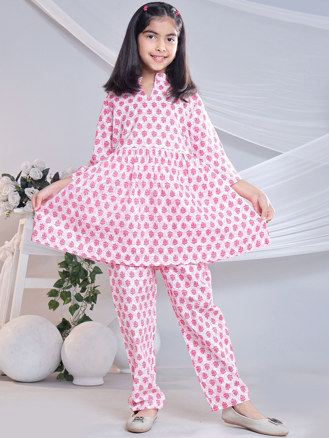 

BAESD Girls Floral Printed Mandarin Collar Pure Cotton Anarkali Tunic With Trouser, Pink