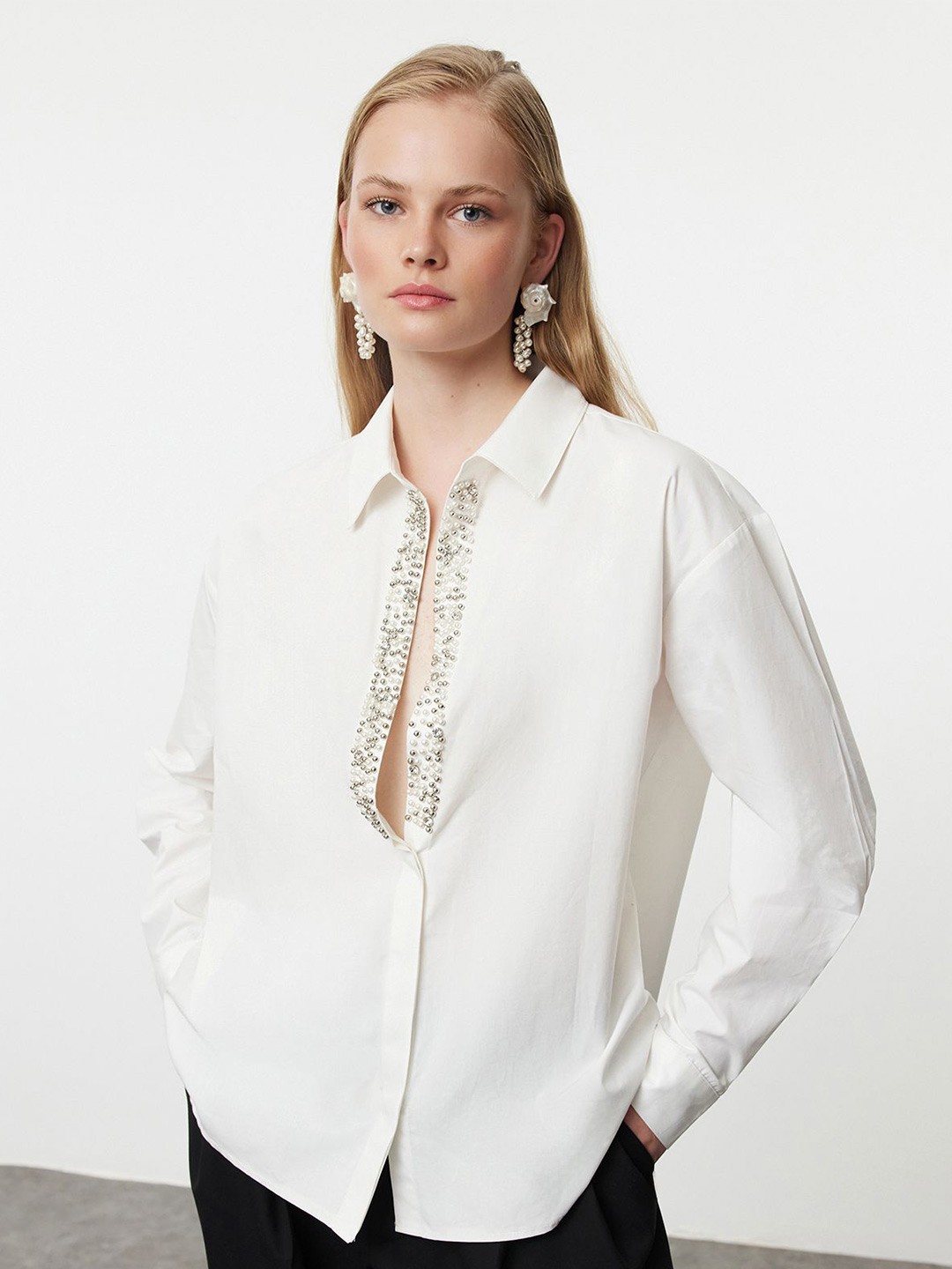 

Trendyol Women Oversized Fit Spread Collar Solid Cotton Casual Shirt, White