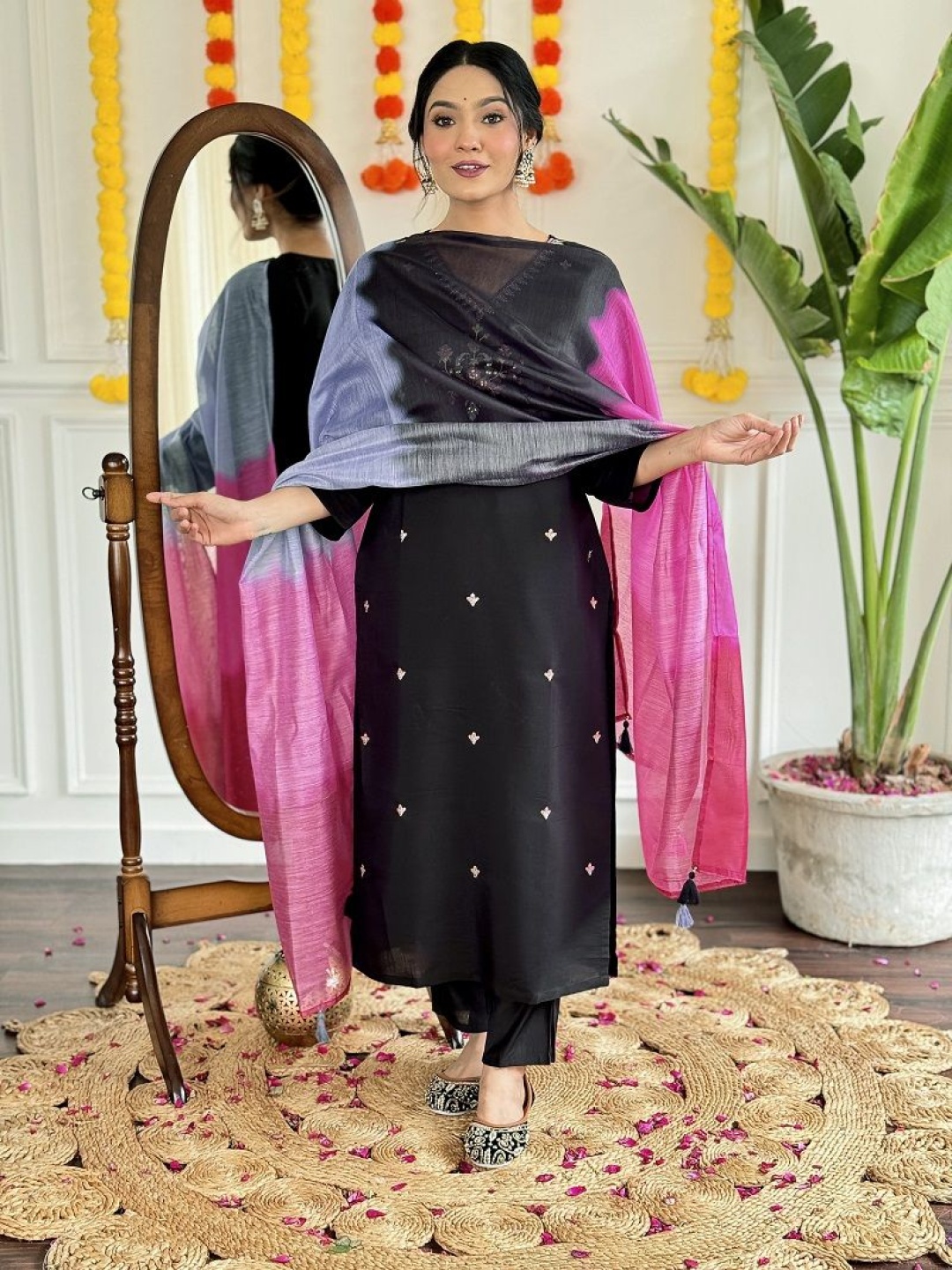 

KAUTIK FABRICS V-Neck Embroidered Chanderi Silk Straight Kurta With Trouser & Dupatta, Black