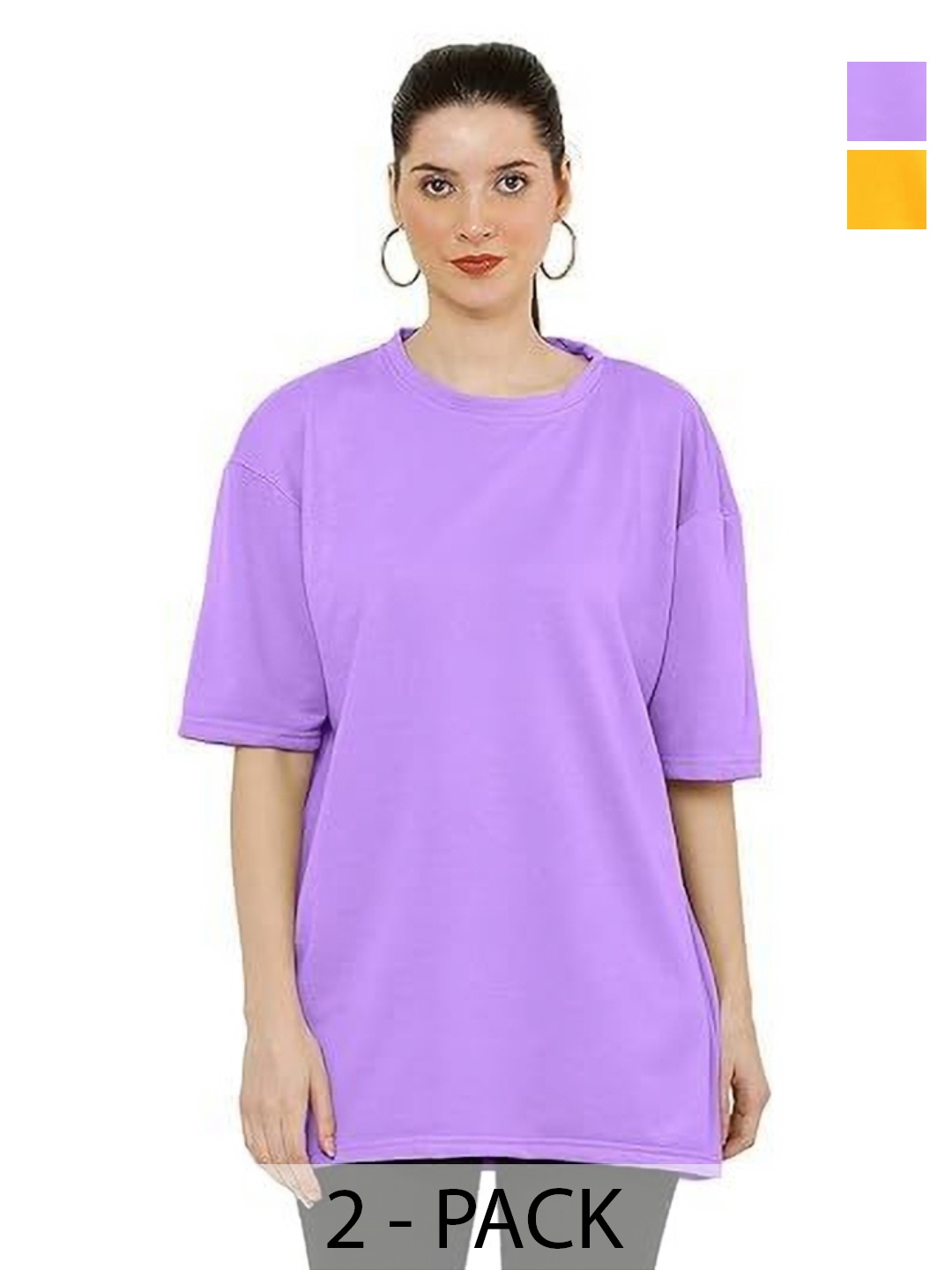 

NOTWILD Women Pack Of 2 Solid Round Neck Cotton Oversized T-shirts, Lavender