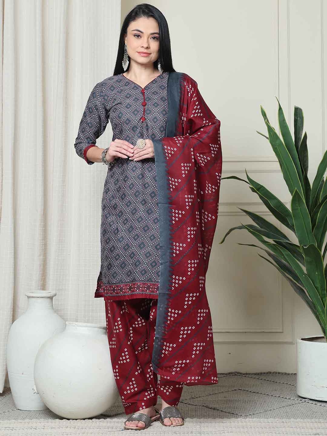 

Roly Poly Bandhani Printed V-Neck Straight Kurta With Patiala And Dupatta, Grey