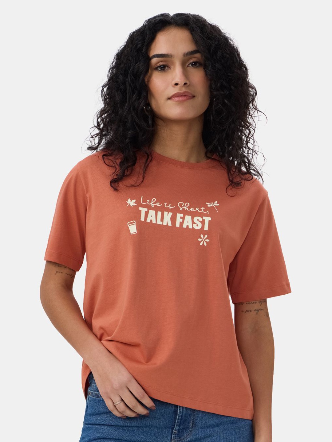 

The Souled Store Women Cotton Relaxed Fit Typography Printed Round Neck T-shirt, Orange