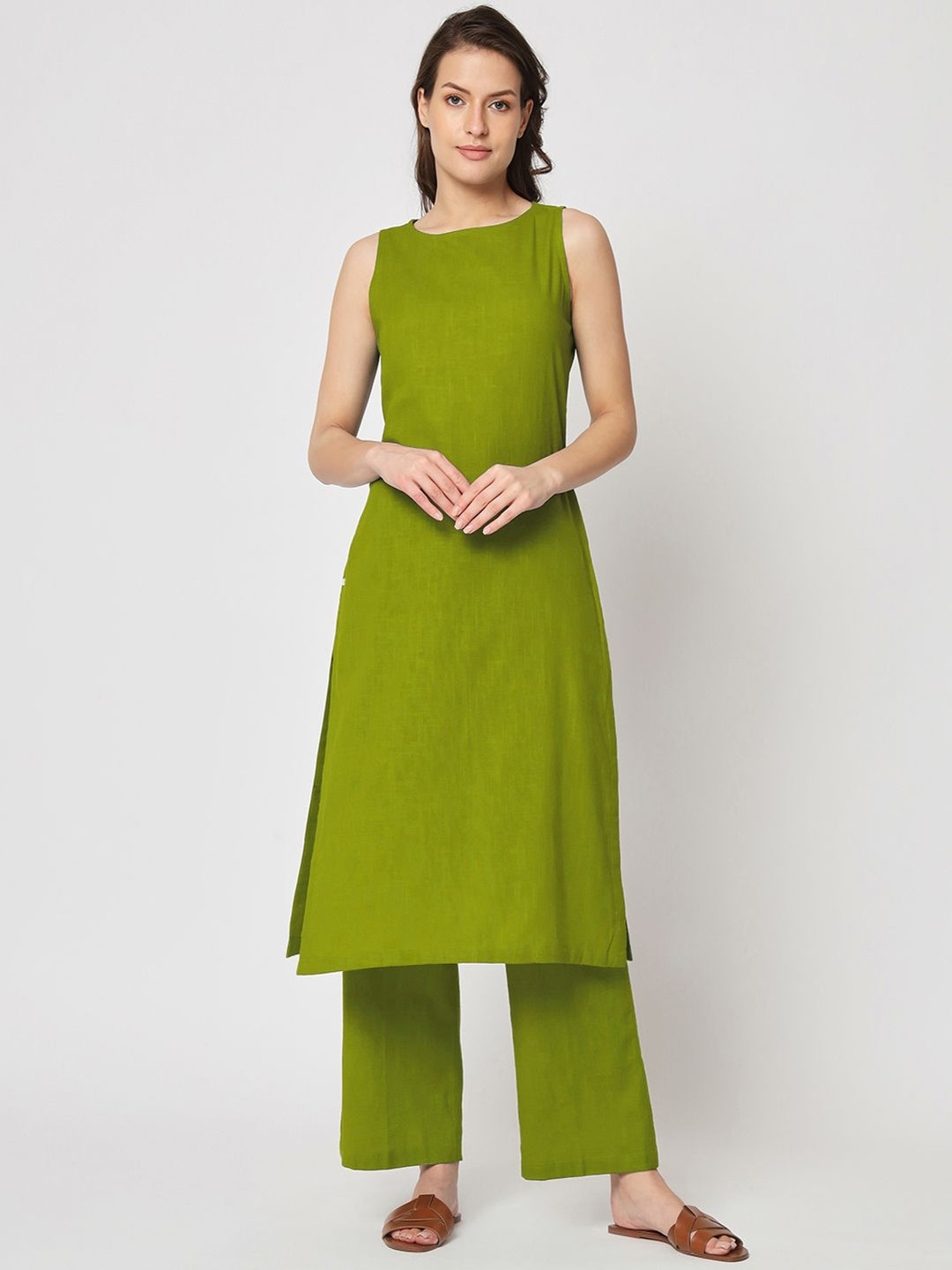 

Thevasa Round Neck Pure Cotton Straight Tunic And Trouser, Green