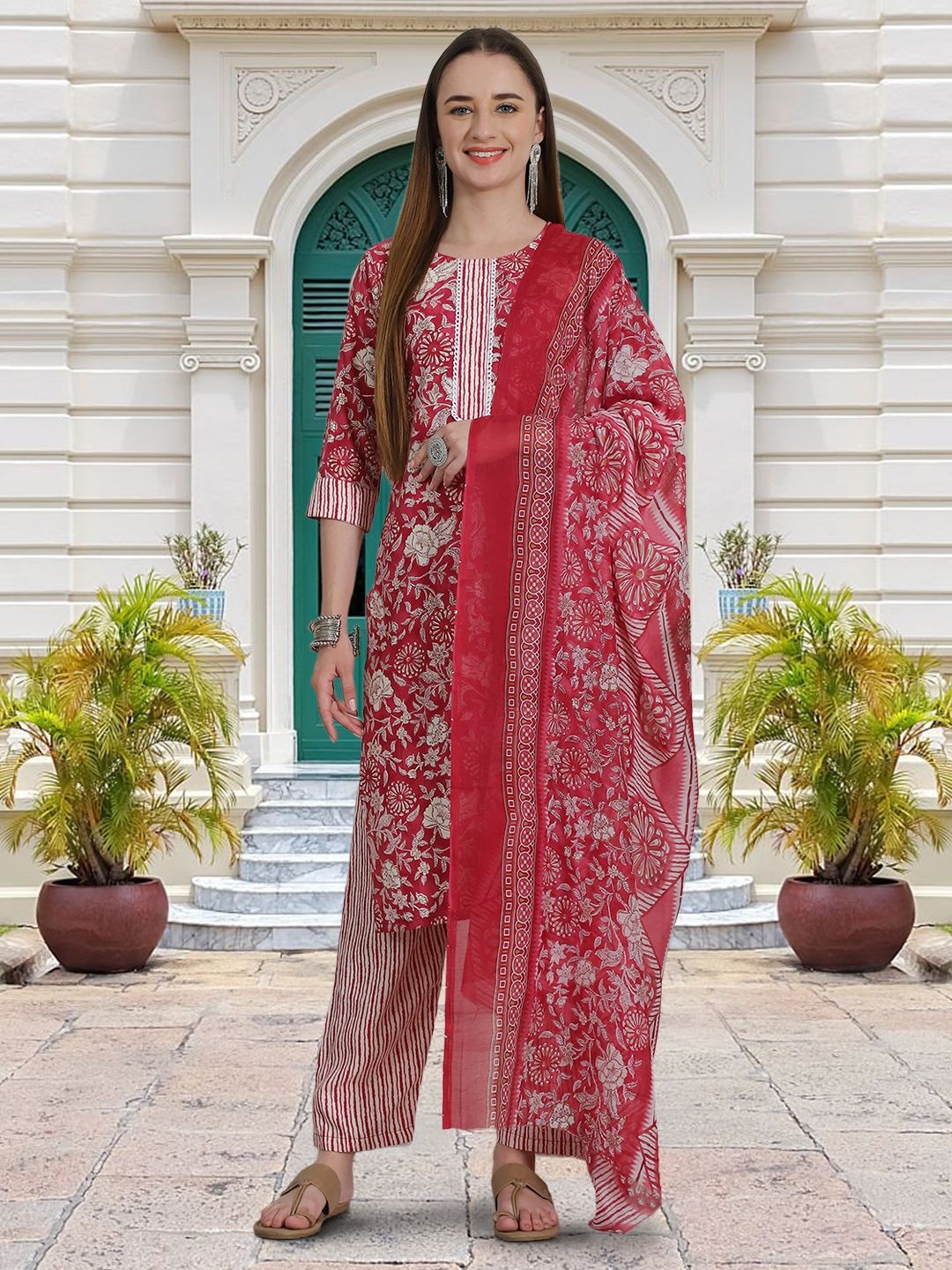 

Moda Rapido Floral Printed Round Neck Straight Kurta With Trouser And Dupatta, Red