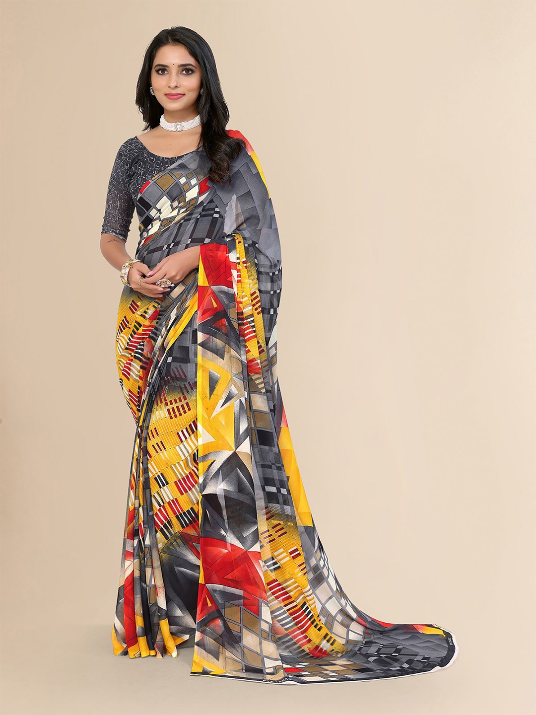 

Moda Rapido Printed Saree With Unstiched Blouse Piece, Grey