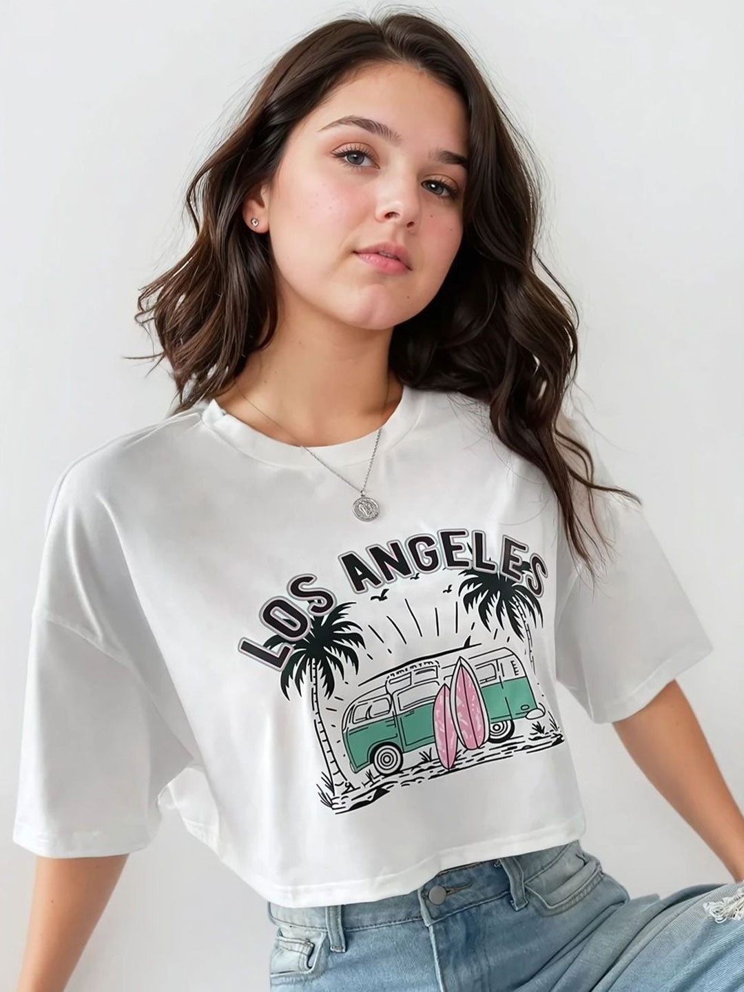

The Roadster Lifestyle Co Printed Relaxed Fit Extended Short Sleeves Crop Top, White