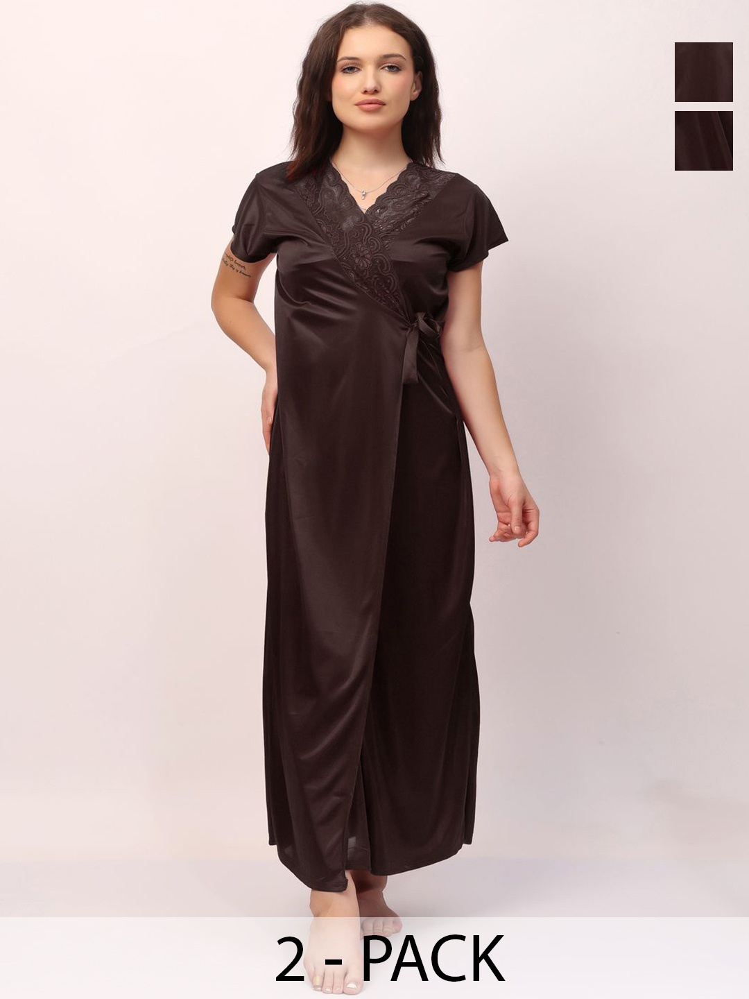 

CHUI MUI Pack of 2 Satin Maxi Nightdress with Robe, Coffee brown