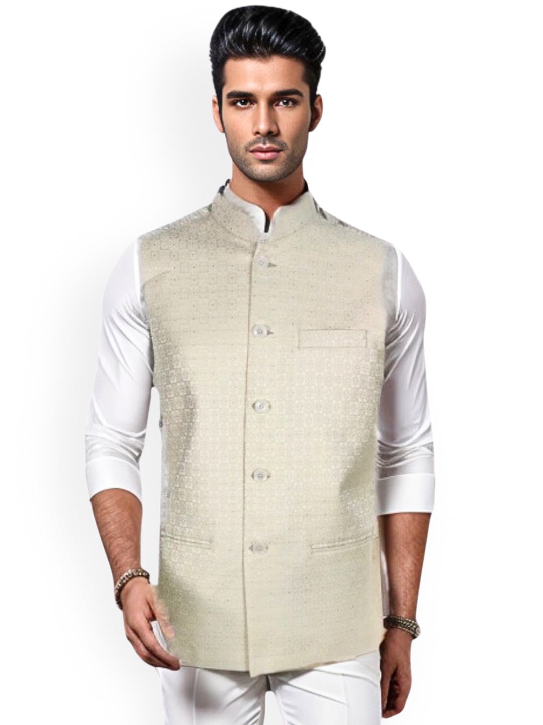 

Blacksmith Woven Design Nehru Jacket, Beige