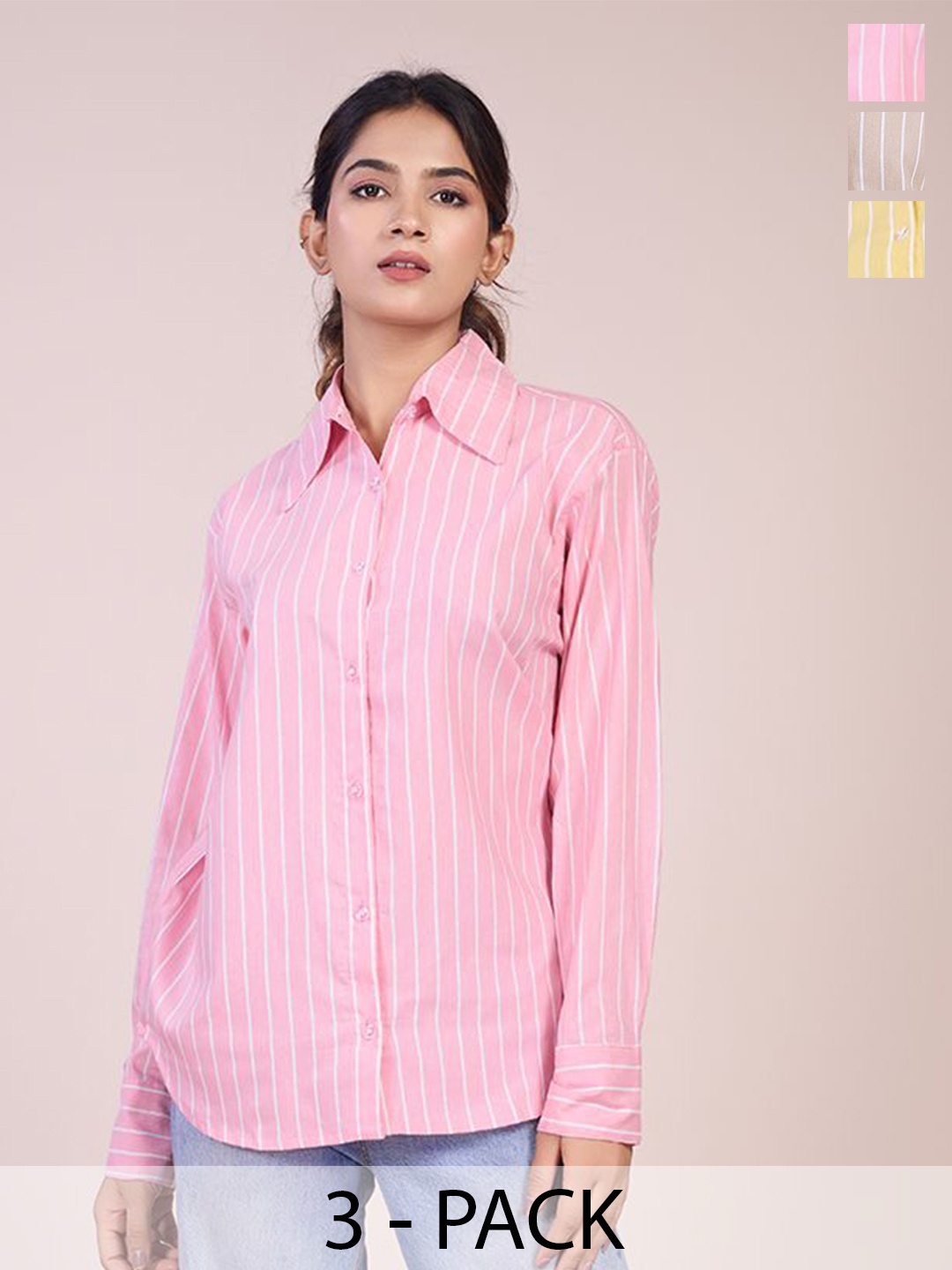 

HOUSE OF MIRA Women Pack Of 3 Classic Oversized Fit Vertical Striped Cotton Casual Shirts, Pink