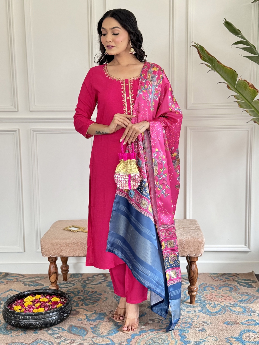 

KALINI Floral Embroidered Sequinned Round Neck Straight Kurta With Trouser And Dupatta, Pink