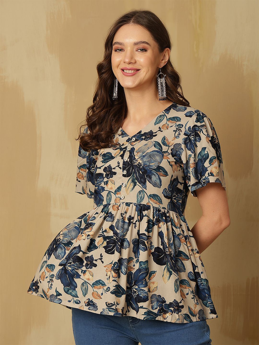

Anouk Floral Printed A-Line Top, Blue