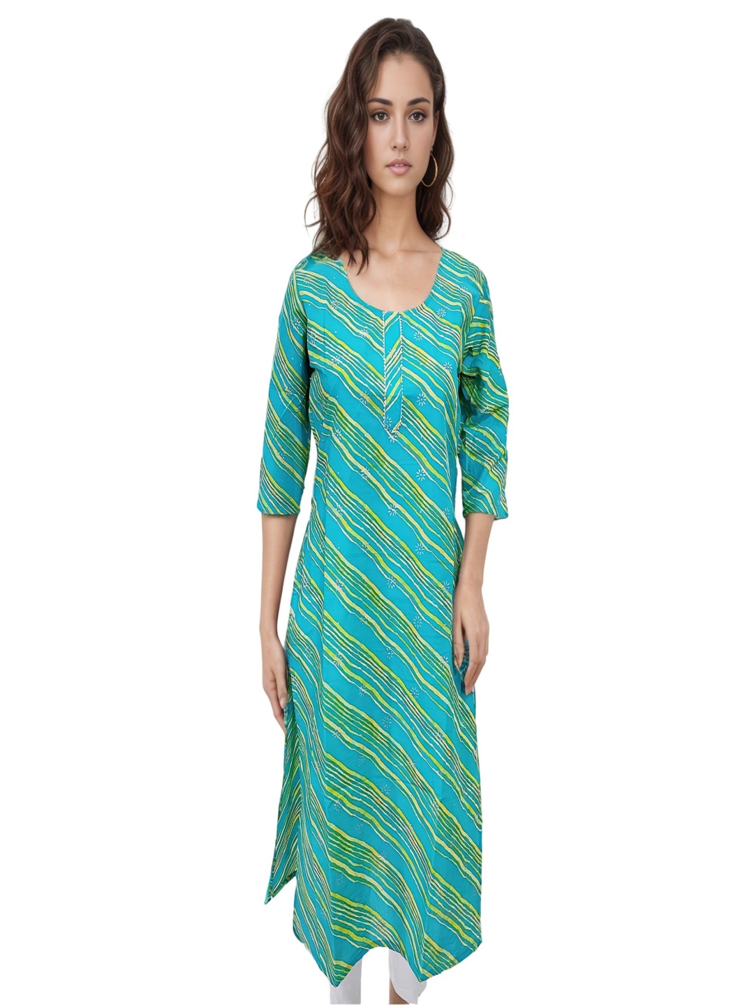 

RAYINVENT Leheriya Printed Round Neck Gotta Patti Pure Cotton Straight Kurtas, Blue