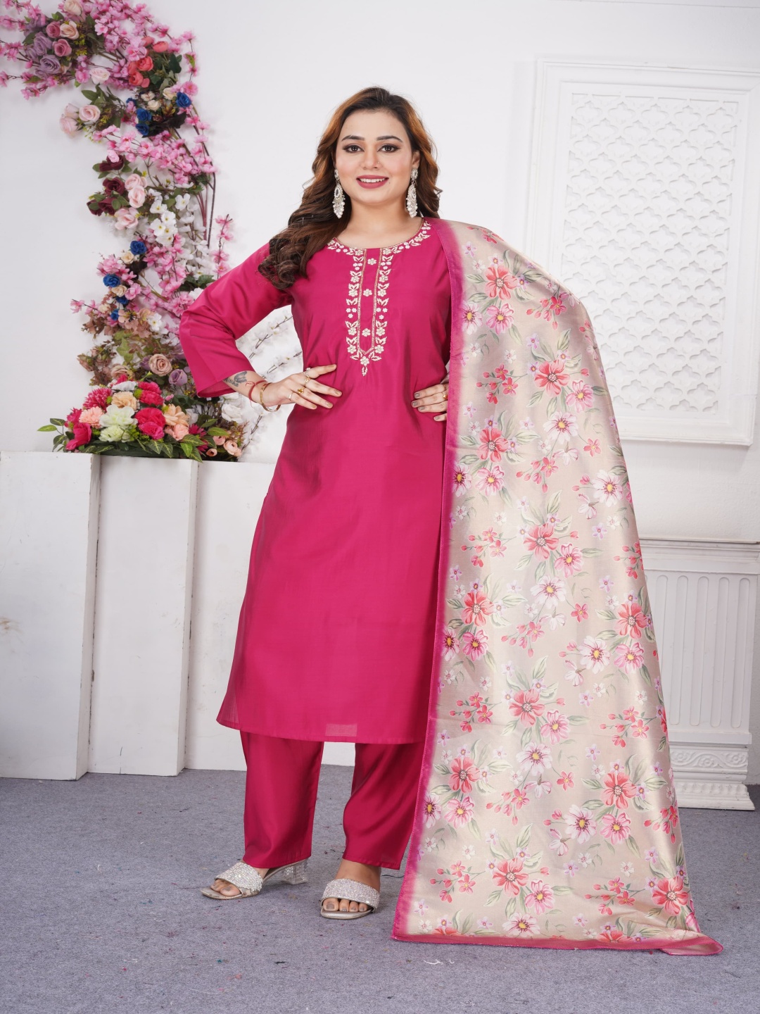 

Maheesha Floral Yoke Design Round Neck Beads Work Straight Kurta With Trouser & Dupatta, Pink