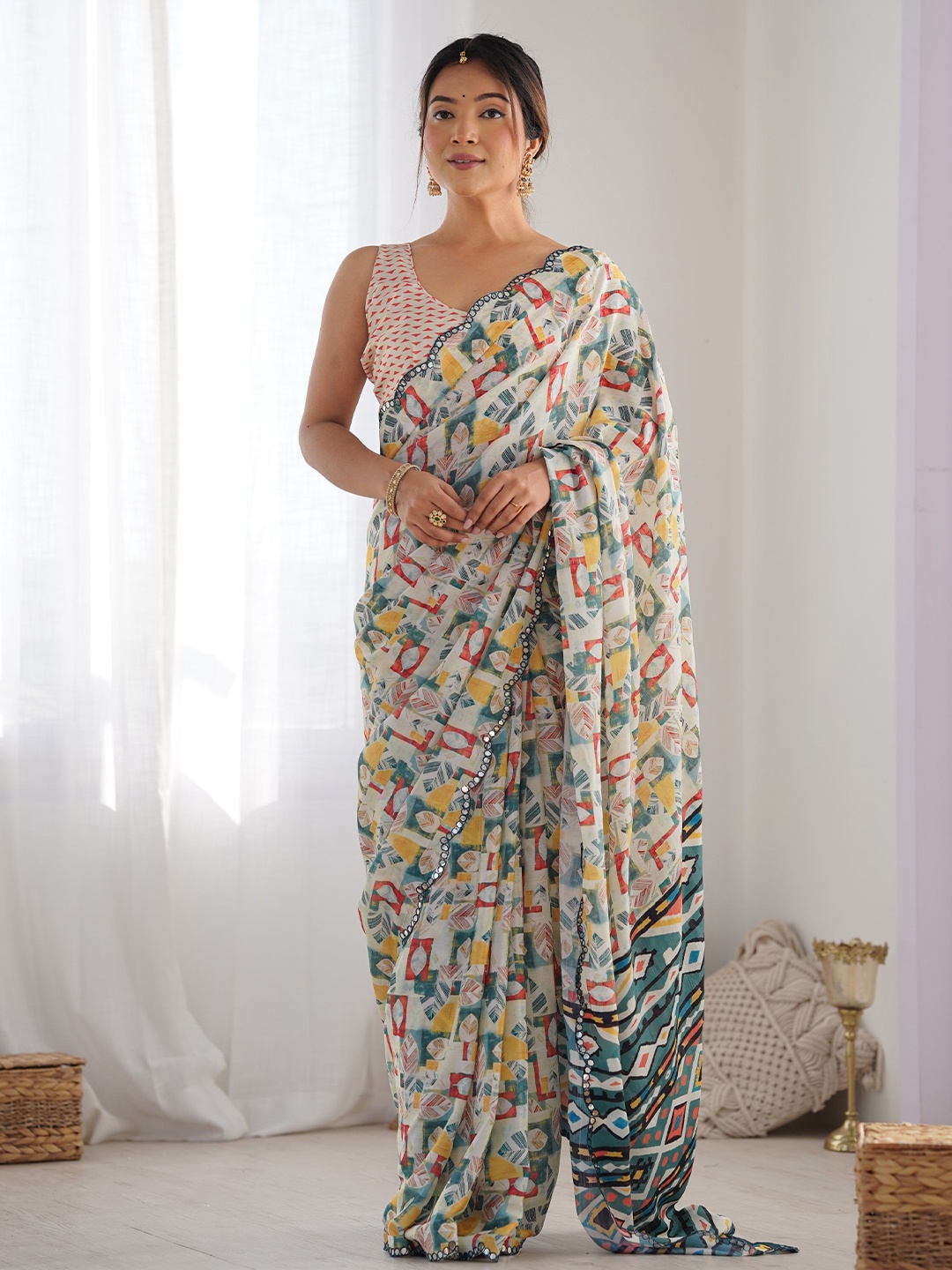 

KSM PRINTS Printed Mirror Work Organza Saree, Off white