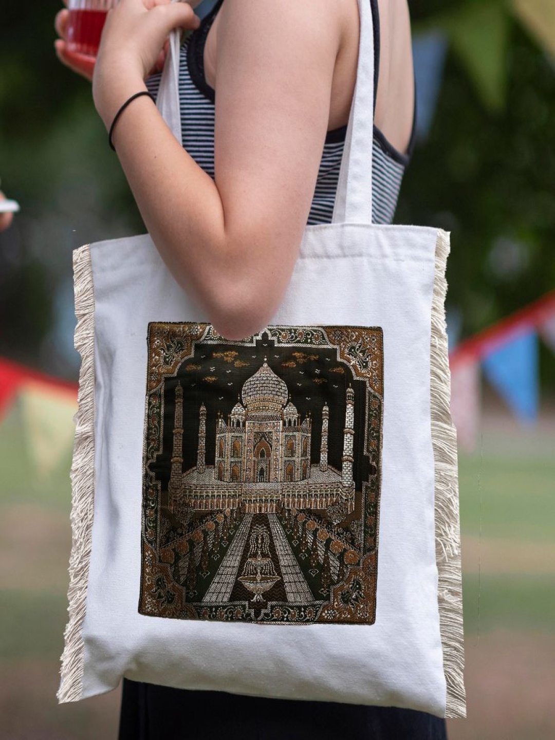 

MAATIR DESIGNS Unisex Taj Mahal Brocade Graphic Printed Shopper Cotton Canvas Tote Bag, Beige