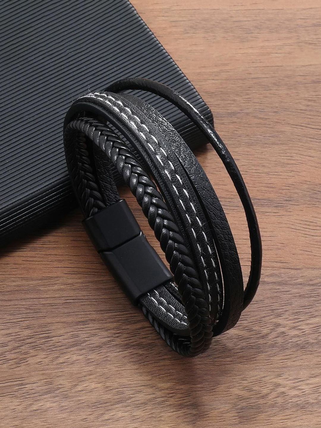 

Designs & You Men Leather Multi Layered Wraparound Bracelet, Black