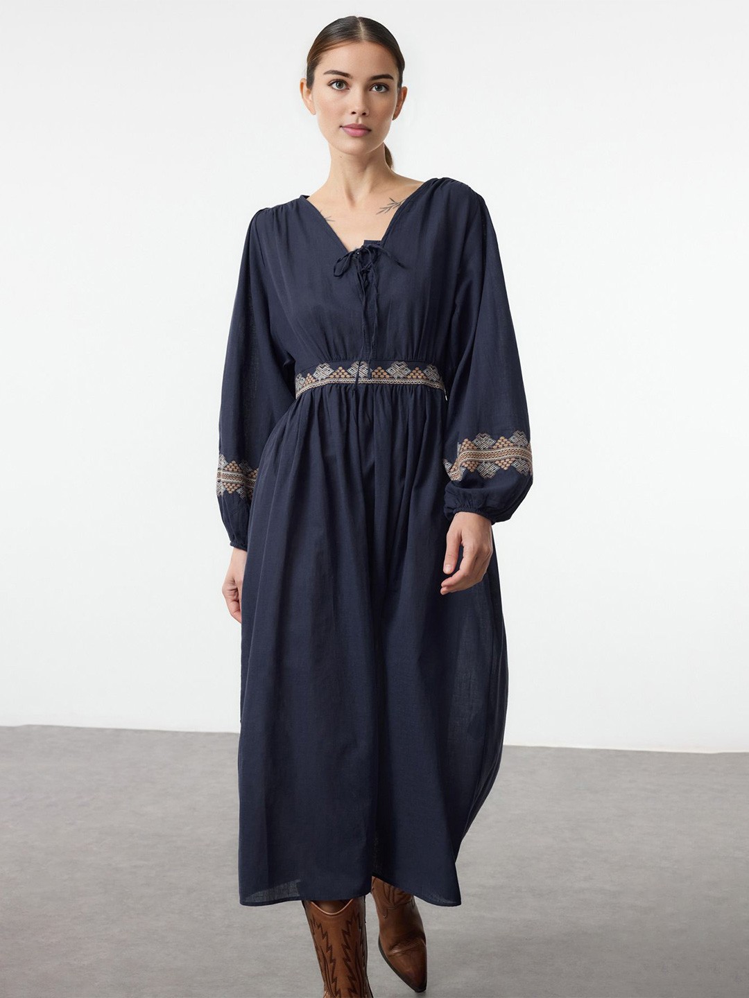 

Trendyol Women Tie-Up Neck Pure Cotton Fit and Flare Midi Dress, Blue