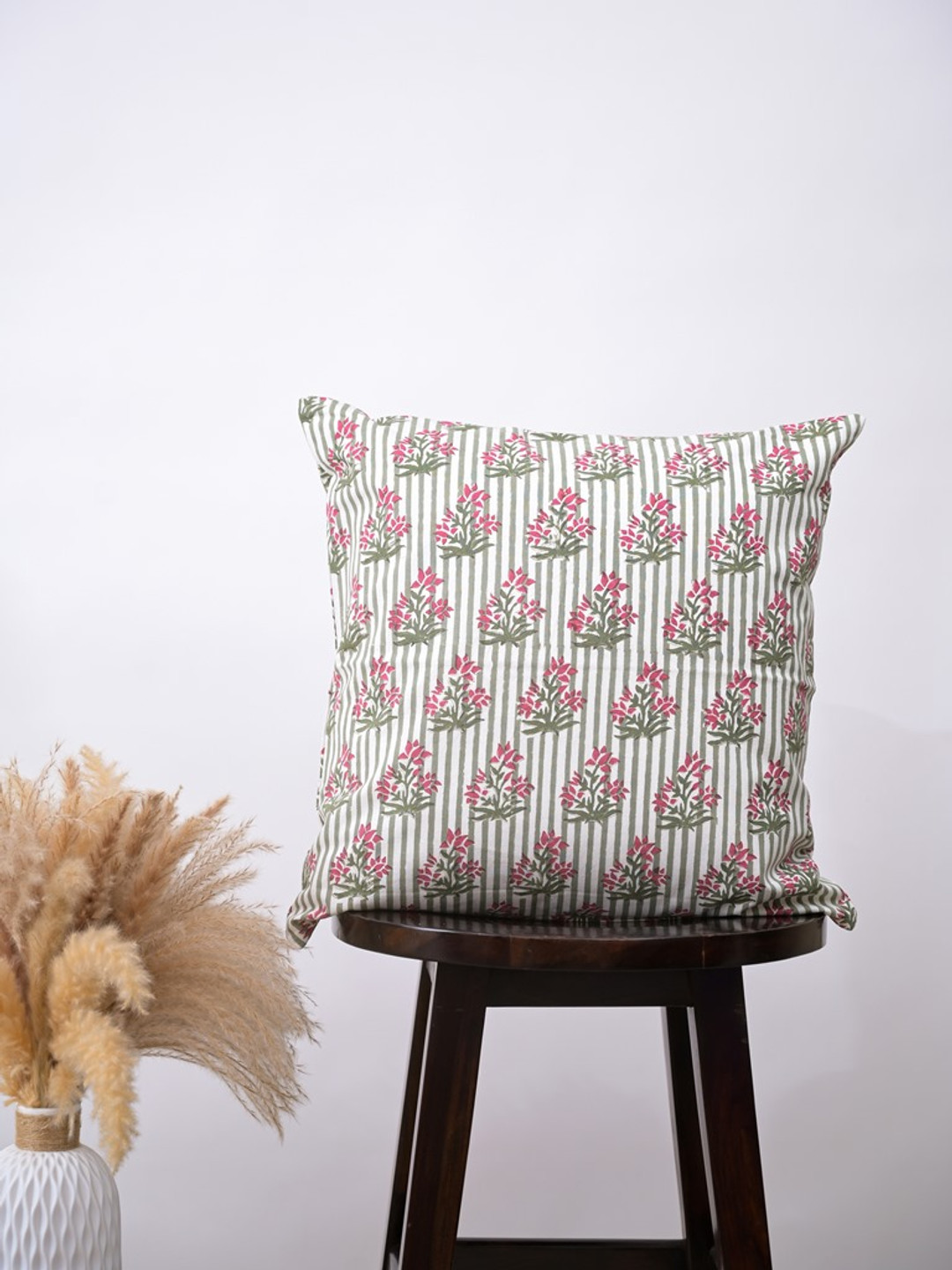 

Block N Style White & Green Floral Block Printed Cotton Square Cushion Cover